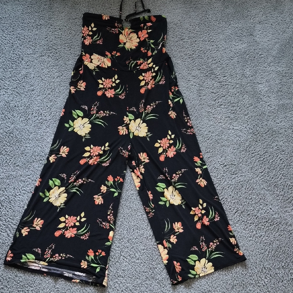 Floral Strapless Wide-Leg Jumpsuit - Black with Yellow & Coral Flowers